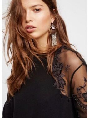 Free People Daniella Illusion Embroidered Top Lace Shoulder Detail XS